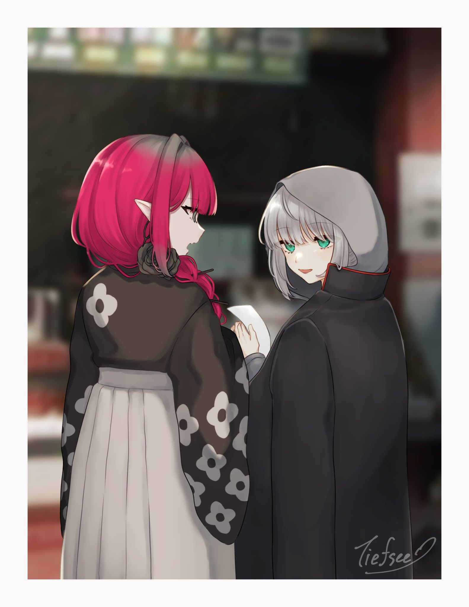 baobhan sith (fate), gray (fate), fate/grand order, fate (series), highres, 2girls, baobhan sith (over the same sky) (fate), black jacket, black kimono, braid, earrings, gray (over the same sky) (fate), green eyes, grey eyes, grey hair, grey hood, jacket, japanese clothes, jewelry, kimono, looking back, multiple girls, open mouth, photo background, pink hair, pointy ears, shinkai (tiefsee game), sidelocks, single braid, skirt, smile, white skirt
