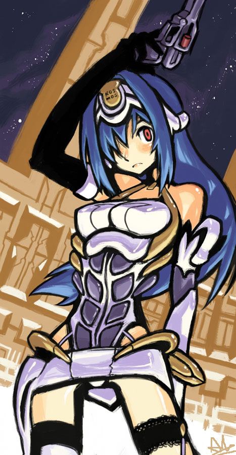 alex ahad, kos-mos, xenosaga, xenosaga episode i, 00s, 1girl, android, arm up, blue hair, female focus, frown, gloves, gun, hair over one eye, handgun, headgear, long hair, red eyes, signature, sky, solo, standing, star (sky), starry sky, weapon