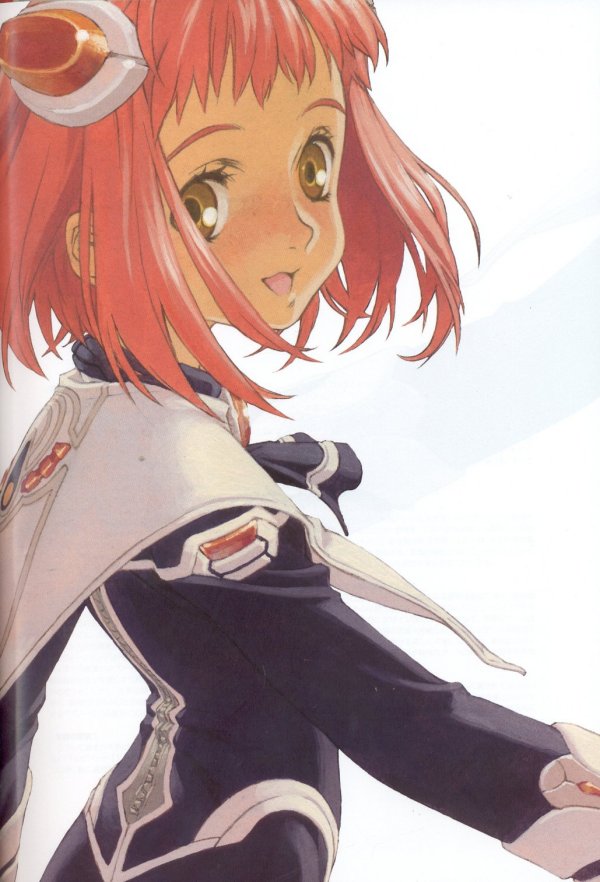 momo mizrahi, xenosaga, 00s, 1girl, female focus, pink hair, short hair, simple background, smile, solo, white background, yellow eyes