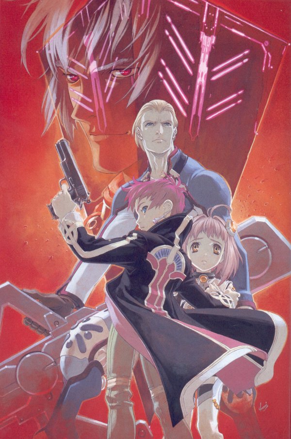 tanaka kunihiko, albedo piazzolla, gaignun kukai jr., jr., momo mizrahi, ziggy, xenosaga, official art, 00s, 1girl, 3boys, gloves, gun, handgun, looking back, m1911, multiple boys, pistol, weapon