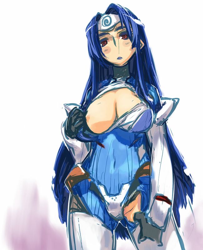 kos-mos, xenosaga, 00s, 1girl, blue hair, breasts, female focus, gradient background, long hair, nipples, solo