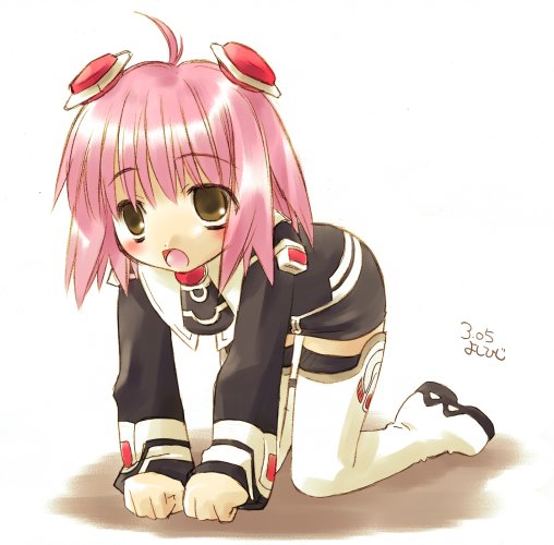 noto (soranoto), momo mizrahi, xenosaga, 00s, 1girl, ahoge, all fours, blush, female focus, open mouth, pink hair, simple background, solo, thighhighs, zettai ryouiki