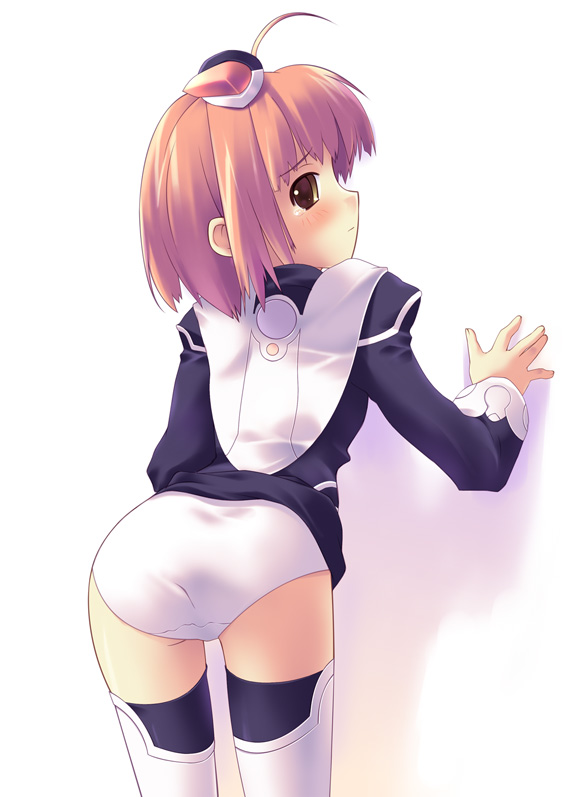momo mizrahi, xenosaga, artist request, 00s, 1girl, ahoge, ass, black dress, blush, brown hair, clothes lift, dress, dress lift, embarrassed, female focus, from behind, hair ornament, loli, long sleeves, looking at viewer, looking back, panties, puffy sleeves, short hair, simple background, solo, tears, thighhighs, underwear, white background, white panties, white thighhighs