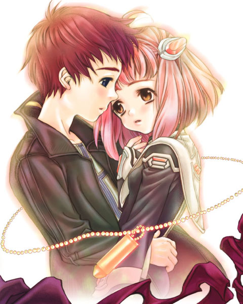 ukita tougo, gaignun kukai jr., jr., momo mizrahi, xenosaga, 00s, 1boy, 1girl, blue eyes, couple, hetero, hug, jacket, jewelry, necklace, pink hair, red hair, yellow eyes