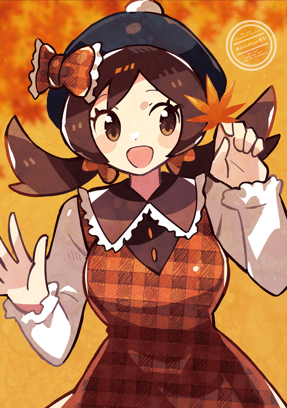 anidler91, lyra (pokemon), nintendo, pokemon, pokemon hgss, highres, 1girl, :d, alternate costume, autumn, autumn leaves, black hat, bow, brown bow, brown dress, brown eyes, brown hair, checkered bow, checkered clothes, checkered dress, dress, eyelashes, hair bow, hat, leaf, long sleeves, looking at viewer, open mouth, smile, solo, twintails