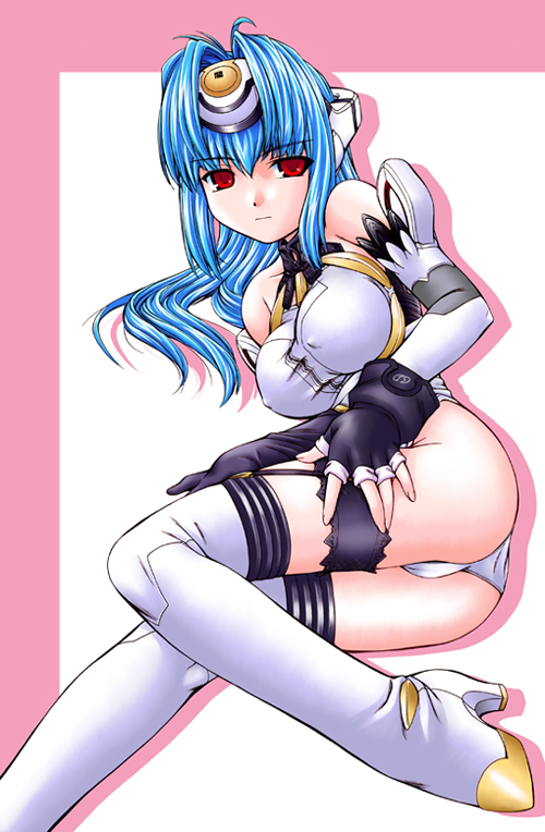 nakajima rei, kos-mos, xenosaga, 00s, 1girl, ass, blue eyes, blue hair, boots, breasts, elbow gloves, female focus, gloves, large breasts, long hair, lying, matching hair/eyes, nipples, on side, panties, red eyes, solo, thigh boots, thighhighs, underwear, white panties