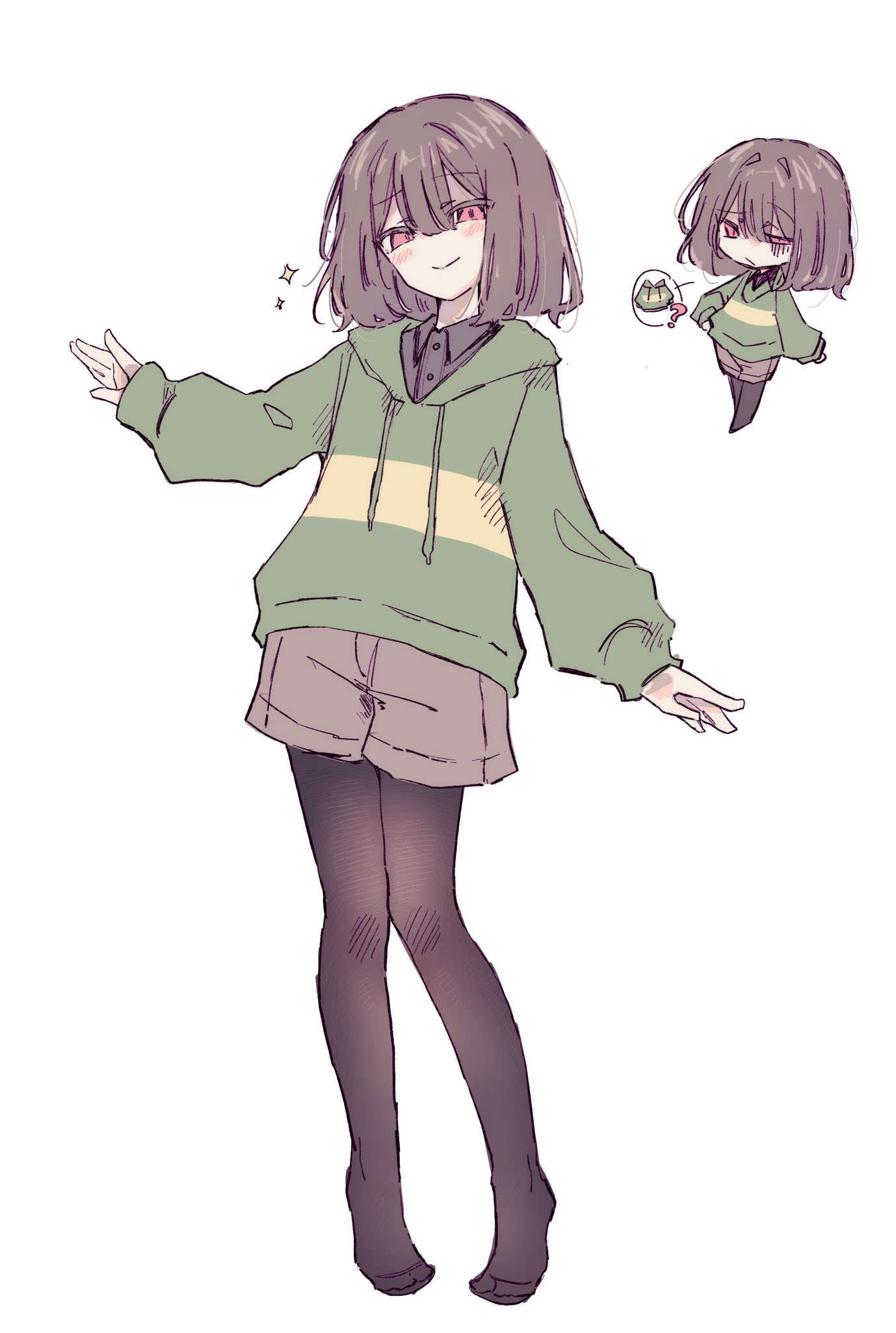 chara (undertale), undertale, utdr (toby fox), highres, 1other, ?, black pantyhose, brown hair, brown shorts, chibi, green hoodie, green sweater, half-closed eyes, hood, hoodie, looking at viewer, no shoes, okura 0915, pantyhose, red eyes, shorts, simple background, sleeves past wrists, smug, sparkle, striped clothes, striped sweater, sweater, two-tone hoodie, two-tone sweater, white background