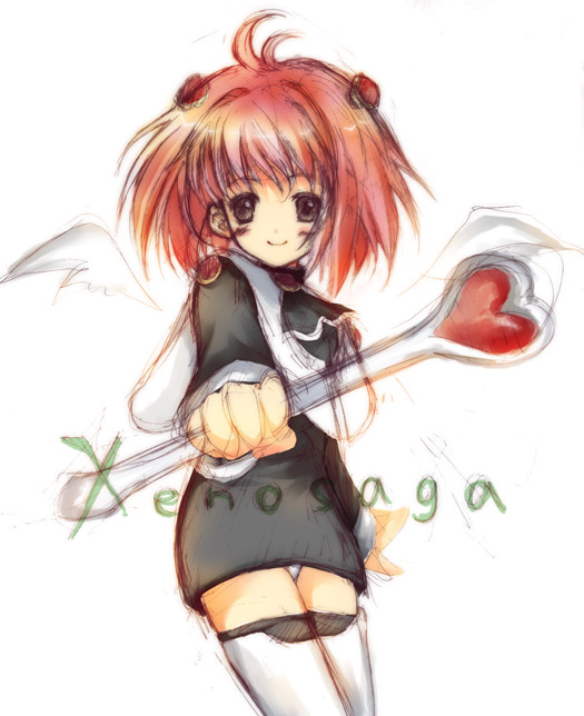 momo mizrahi, xenosaga, 00s, 1girl, brown eyes, female focus, heart, holding, holding wand, magical girl, panties, pink hair, solo, thighhighs, underwear, wand, wings