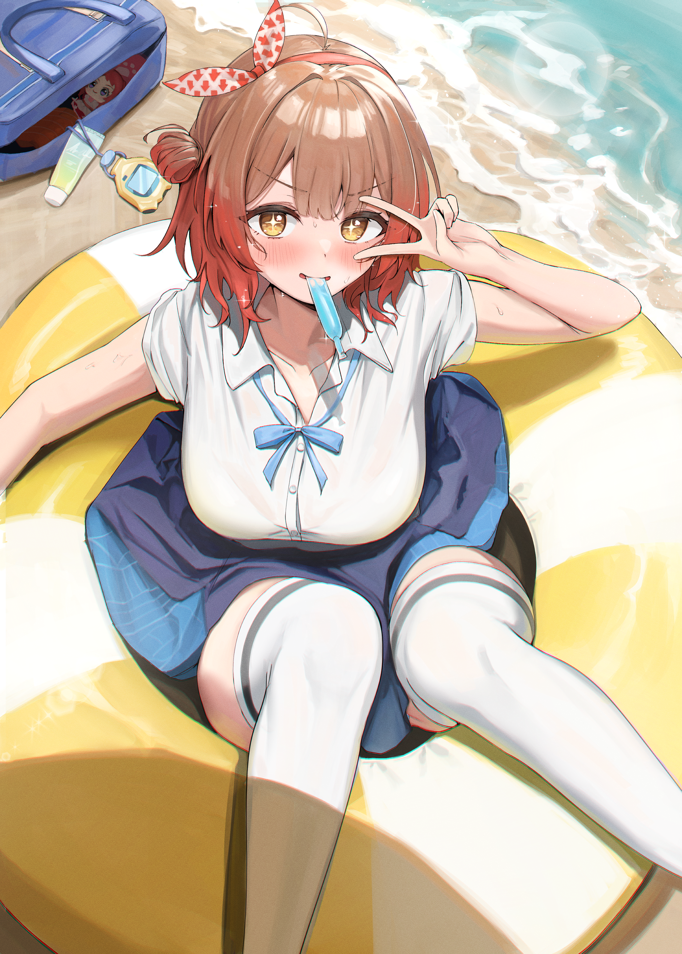 hanami saki, hanami ume, gakuen idolmaster, idolmaster, absurdres, commentary, highres, 1girl, ahoge, bag, beach, blue ribbon, blue skirt, blush, bow, breasts, collarbone, collared shirt, dress shirt, food, hair between eyes, hair bun, hair ornament, innertube, large breasts, looking at viewer, ocean, on innertube, orange eyes, orange hair, pleated skirt, popsicle, ribbon, school bag, shirt, short hair, short sleeves, shoumeikigu, single side bun, sitting, skirt, solo, star-shaped pupils, star (symbol), stopwatch, swim ring, symbol-shaped pupils, thighhighs, thighs, v, v over eye, watch, white shirt, white thighhighs, zettai ryouiki