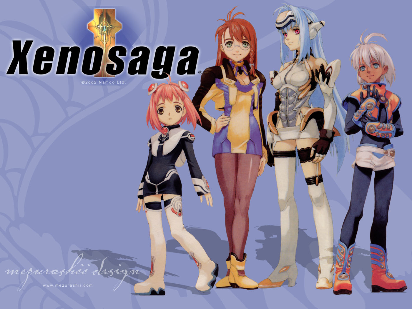 chaos, chaos (xenosaga), kos-mos, momo mizrahi, shion uzuki, xeno (series), xenosaga, xenosaga episode i, 00s, 1boy, 4girls, blue eyes, blue hair, braid, breasts, brown hair, elbow gloves, glasses, gloves, green eyes, legs, long hair, medium breasts, multiple girls, pantyhose, pink hair, red eyes, short hair, side braid, small breasts, thighhighs, white hair