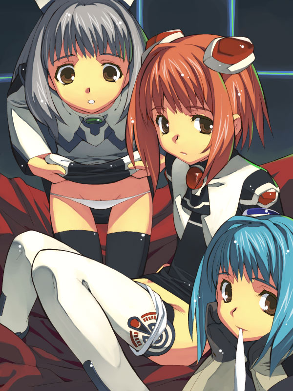 kizaki, 100-series, kirschwasser, momo mizrahi, xenosaga, silver hair, 00s, 3girls, black thighhighs, blue hair, boots, brown eyes, clothes lift, dress, dress lift, hair ornament, leaning forward, loli, lowleg, lowleg panties, mouth hold, multiple girls, panties, panty pull, pantyshot, pussy, pussy peek, red hair, short dress, sitting, skirt, skirt lift, standing, thigh boots, thigh gap, thighhighs, thighs, underwear, undressing, white panties