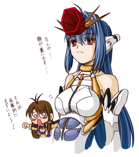 chigumaya, kos-mos, shion uzuki, gundam, gundam zz, xeno (series), xenosaga, translated, 00s, 2girls, blue hair, braid, breasts, brown hair, elbow gloves, glasses, gloves, long hair, multiple girls, red eyes, side braid