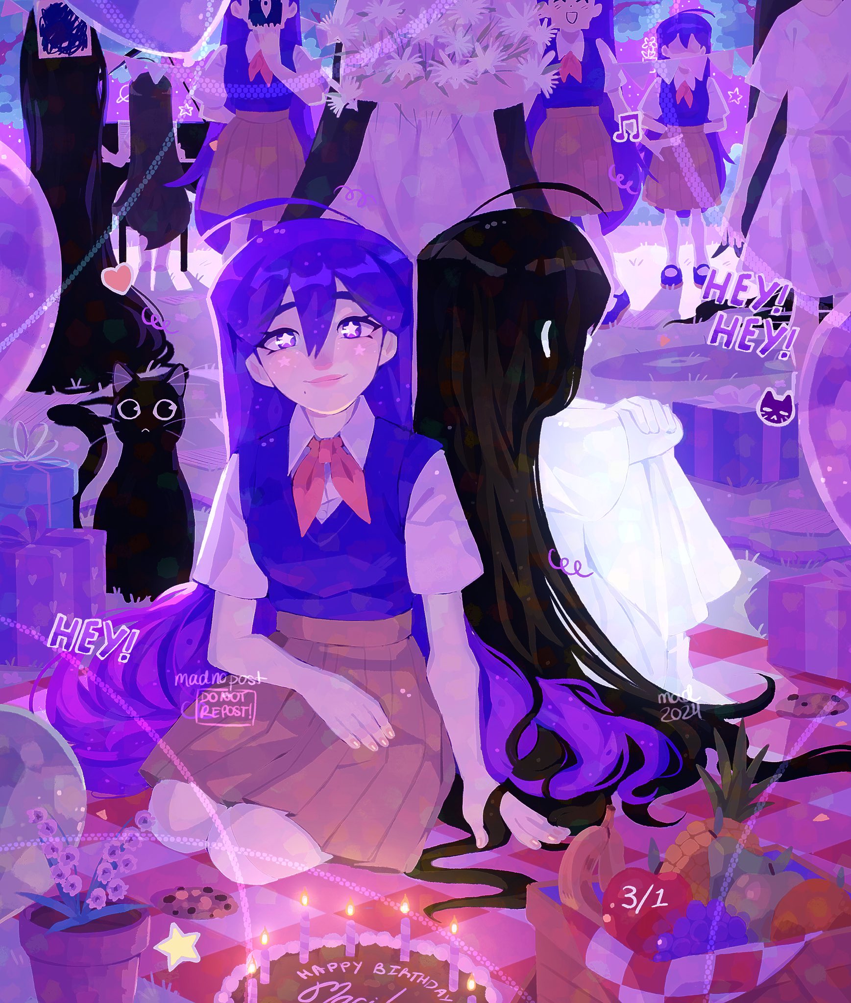 madnopost, mari (headspace) (omori), mari (omori), mari (spirit) (omori), mewo, something (omori), omori, commentary, english commentary, highres, 2024, 6+girls, ahoge, animal, ankle socks, apple, arm support, artist name, back-to-back, backlighting, balloon, black cat, black hair, bouquet, bright pupils, brown skirt, cake, candle, cat, chocolate chip cookie, clone, closed mouth, collared shirt, colored skin, cookie, crossed arms, dated, double-parted bangs, dress, dual persona, egret orchid, flower, flower pot, food, fruit, full body, gift, grand piano, grapes, green apple, hair behind ear, hair between eyes, hand on own thigh, happy birthday, heart, heart balloon, holding, holding bouquet, holding photo, huge ahoge, instrument, knees up, light particles, long hair, looking at viewer, mary janes, medium dress, medium skirt, multiple girls, music, neckerchief, no shoes, orange (fruit), outdoors, photo (object), piano, picnic, picnic basket, picnic blanket, pineapple, pink lips, playing instrument, playing piano, pleated skirt, purple eyes, purple shoes, purple sky, purple sweater vest, red neckerchief, seiza, shirt, shoes, short sleeves, sitting, skirt, sky, smile, socks, standing, star-shaped pupils, star (symbol), sweater vest, symbol-shaped pupils, tree, very long hair, watermark, white dress, white flower, white pupils, white shirt, white skin, white socks