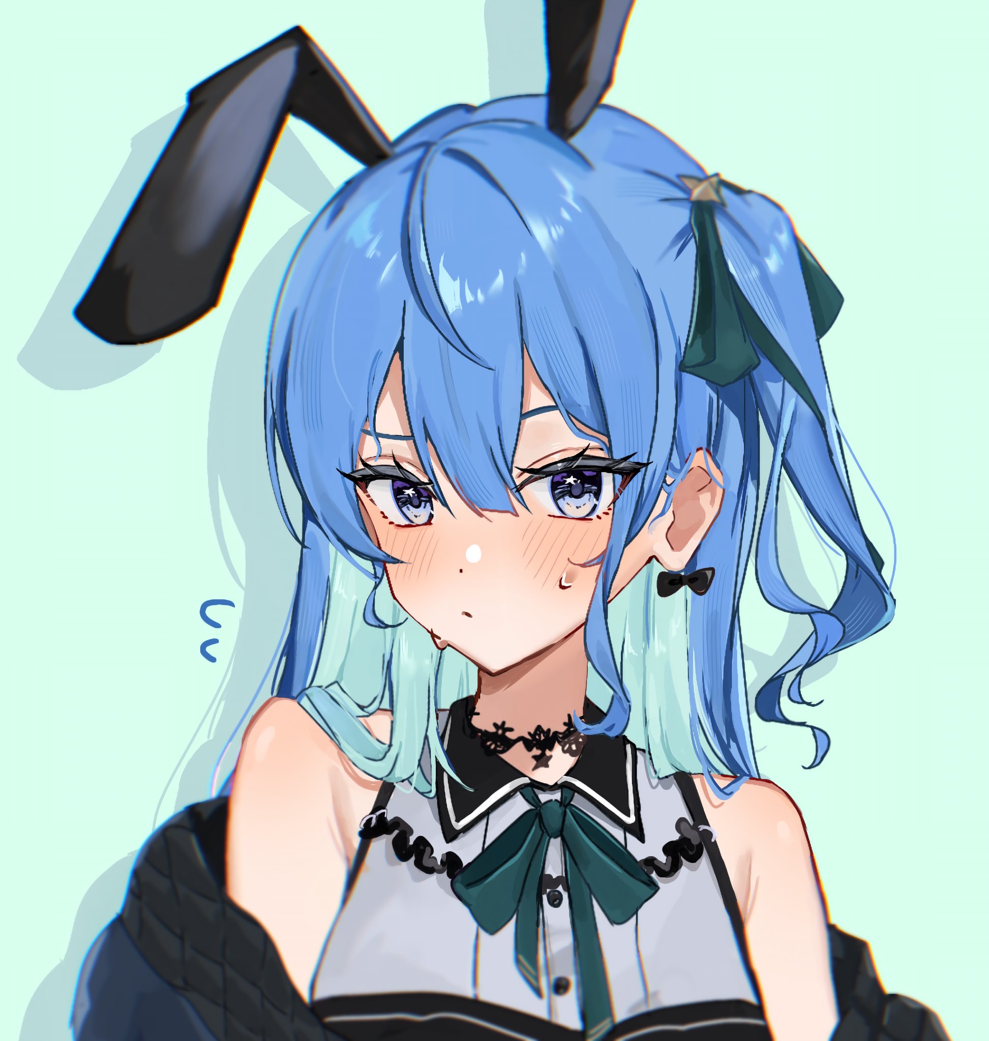 fumina natamin, hoshimachi suisei, hololive, highres, 1girl, animal ears, aqua background, aqua hair, bare shoulders, blue eyes, blue hair, collared shirt, colored inner hair, fake animal ears, grey shirt, long hair, looking at viewer, multicolored hair, off shoulder, rabbit ears, shadow, shirt, side ponytail, sleeveless, sleeveless shirt, solo, sweatdrop, two-tone hair, upper body, virtual youtuber