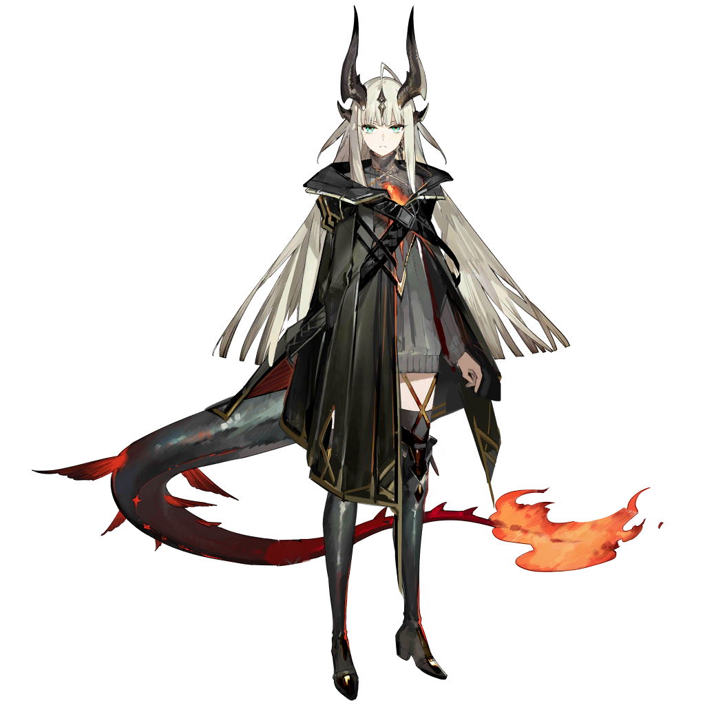 starshadowmagician, reed (arknights), arknights, official art, 1girl, ahoge, black boots, black cloak, blue eyes, blunt bangs, boots, cloak, closed mouth, dragon horns, dragon tail, fire, flame-tipped tail, horns, light in heart, long hair, long sleeves, official alternate costume, sweater, tachi-e, tail, transparent background