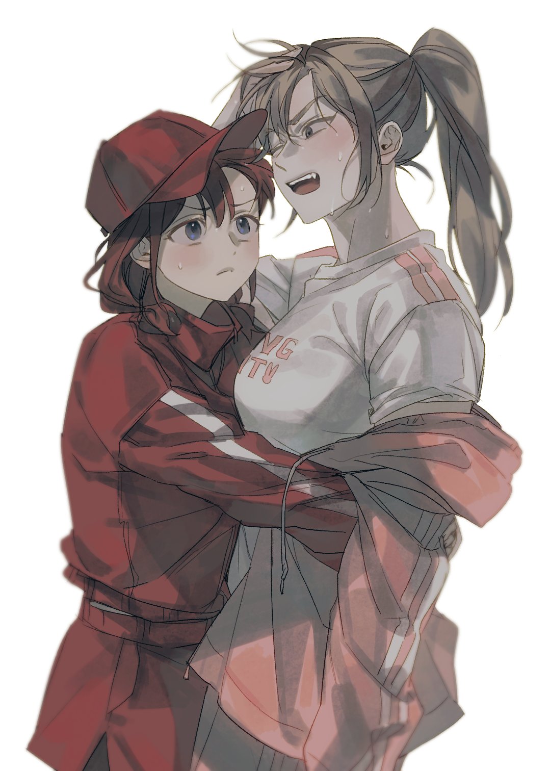 jjab p, iseri nina, kawaragi momoka, girls band cry, commentary request, highres, korean commentary, 2girls, blue eyes, grey eyes, grey hair, hat, hug, jacket, long hair, multiple girls, one eye closed, open clothes, open jacket, open mouth, pink jacket, ponytail, red hair, red hat, red jacket, shirt, short twintails, simple background, twintails, white background, white shirt, yuri