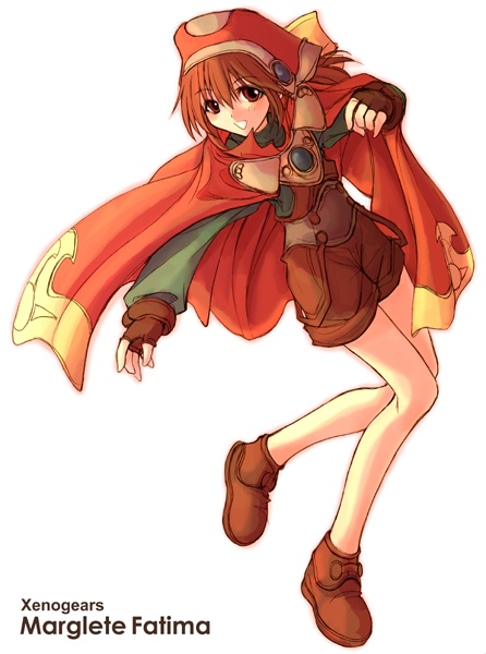 kotonemaru, marguerite fatima, xenogears, 1girl, brown gloves, brown hair, cape, character name, copyright name, female focus, fingerless gloves, gloves, hat, long sleeves, open mouth, orange hat, simple background, solo, white background
