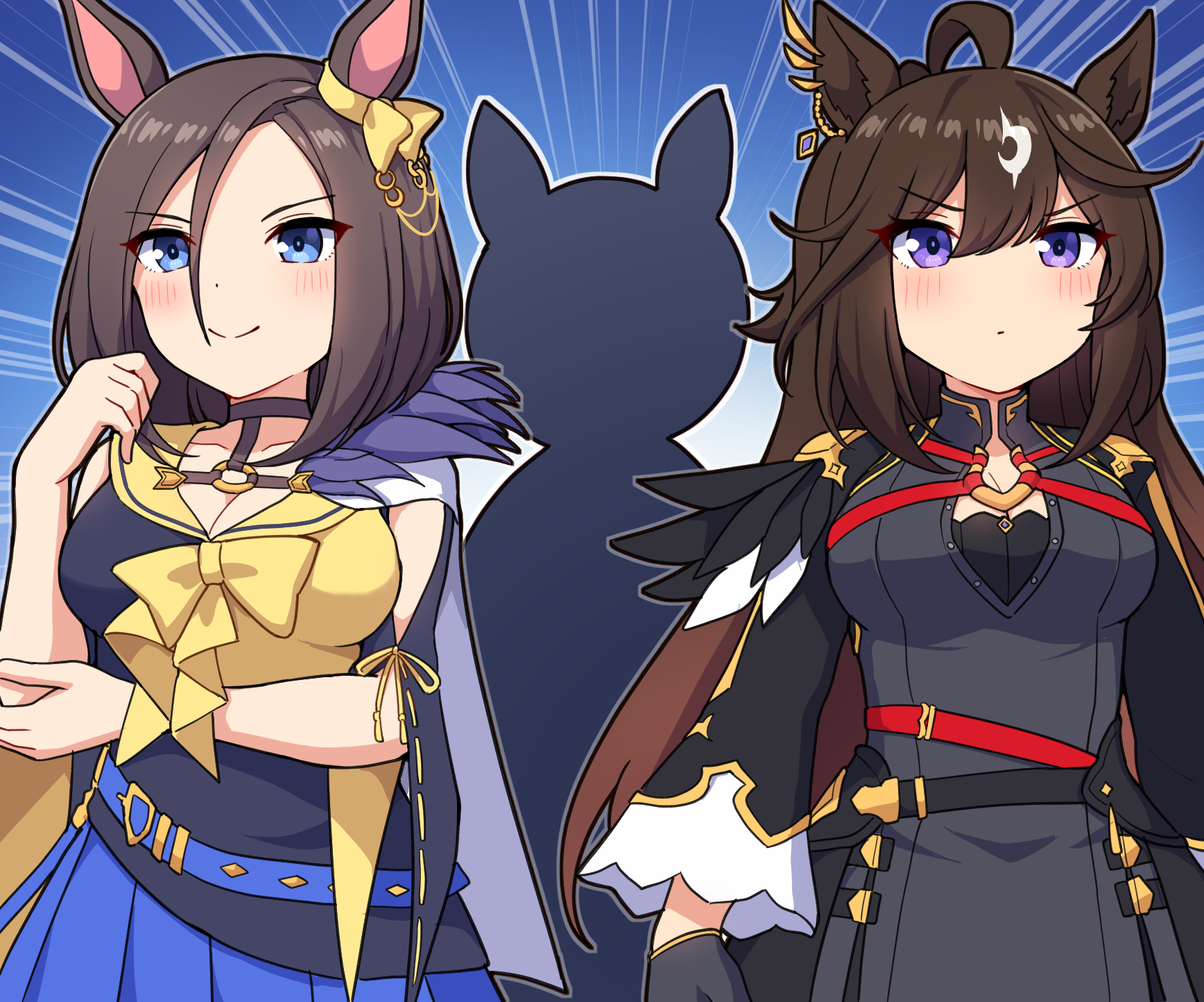 takiki, air groove (umamusume), duramente (umamusume), umamusume, commentary request, highres, 3girls, animal ears, black gloves, blue eyes, blush, breasts, brown hair, cleavage, closed mouth, gloves, hair between eyes, horse ears, horse girl, long hair, medium breasts, multiple girls, purple eyes, short hair, silhouette, smile