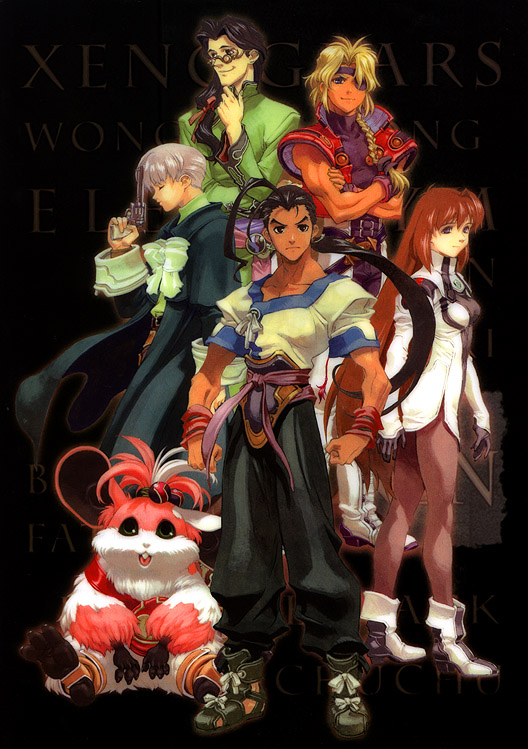 tanaka kunihiko, bartholomew fatima, billy lee black, chu-chu, chu chu (xenogears), citan uzuki, elhaym van houten, fei fong wong, xenogears, official art, 1990s (style), 1girl, 3boys, ahoge, ankle boots, blonde hair, boots, braid, closed eyes, crossed arms, everyone, eyepatch, glasses, gun, handgun, long hair, multiple boys, pantyhose, ponytail, retro artstyle, revolver, side ponytail, single braid, single hair intake, very long hair, weapon