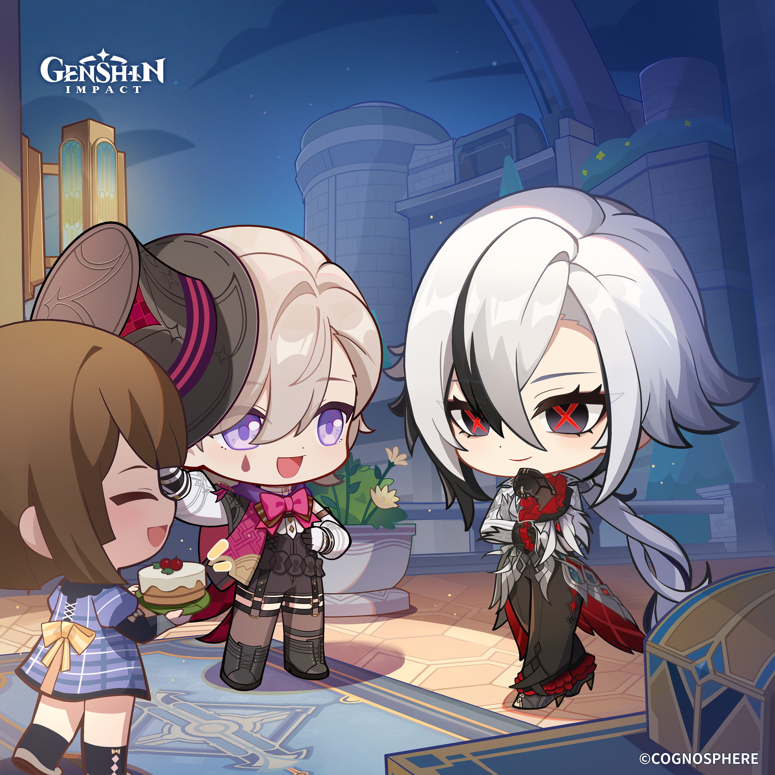 arlecchino (genshin impact), lyney (genshin impact), genshin impact, absurdres, commentary, english commentary, highres, official art, 1boy, 2girls, black gloves, black hair, black pants, boots, brown hair, building, cake, chibi, closed eyes, closed mouth, copyright name, dot nose, dress, flower, food, frilled pants, frills, gloves, grey boots, grey eyes, grey hair, grey hat, hair between eyes, hand up, hat, high heels, holding, jewelry, light smile, long hair, long sleeves, looking at another, low ponytail, medium hair, multicolored hair, multiple girls, night, night sky, o-ring, open mouth, outdoors, pants, plant, ponytail, potted plant, puffy long sleeves, puffy sleeves, purple dress, ring, sky, smile, standing, symbol-shaped pupils, thighhighs, top hat, two-tone hair, very long hair, white gloves, x-shaped pupils, yellow flower
