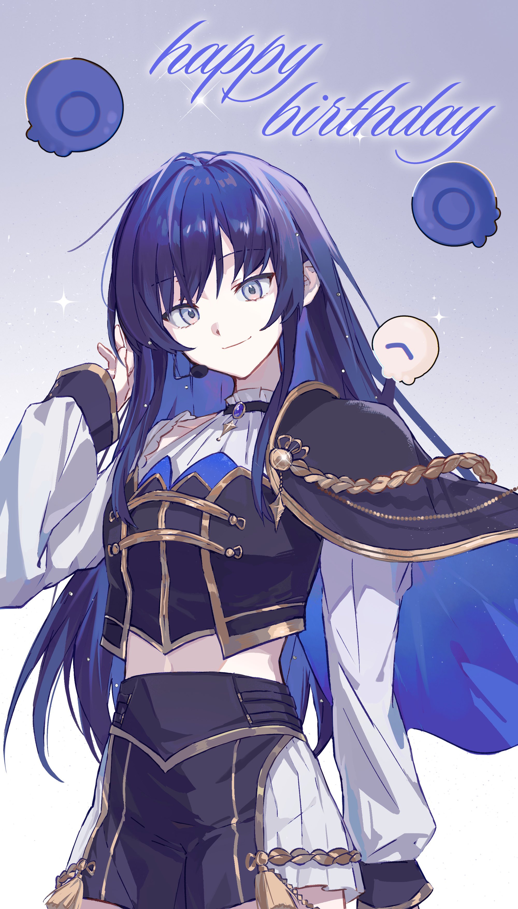 chuanzhoujikou, ponto nei, nijisanji, absurdres, highres, 1girl, black cape, black hair, black skirt, blue brooch, blue cape, brooch, cape, capelet, crop top, detached sleeves, grey eyes, happy birthday, headset, jewelry, long hair, long sleeves, nijisanji idol uniform, official alternate costume, shirt, skirt, smile, solo, two-sided cape, two-sided fabric, virtual youtuber, white shirt, white skirt, white sleeves