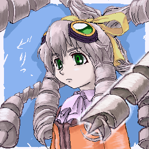 kote (dew), maria balthasar, alien nine, xenogears, lowres, 1girl, bow, drill hair, female focus, frown, hair between eyes, oekaki, parody, solo, too literal, yellow bow