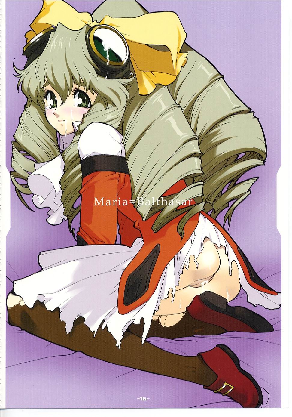 maria balthasar, xenogears, artist request, highres, 1girl, ass, black pantyhose, bow, bukkake, cum, cum in pussy, cumdrip, female focus, loli, no panties, pantyhose, pussy, solo, torn clothes, torn pantyhose, yellow bow