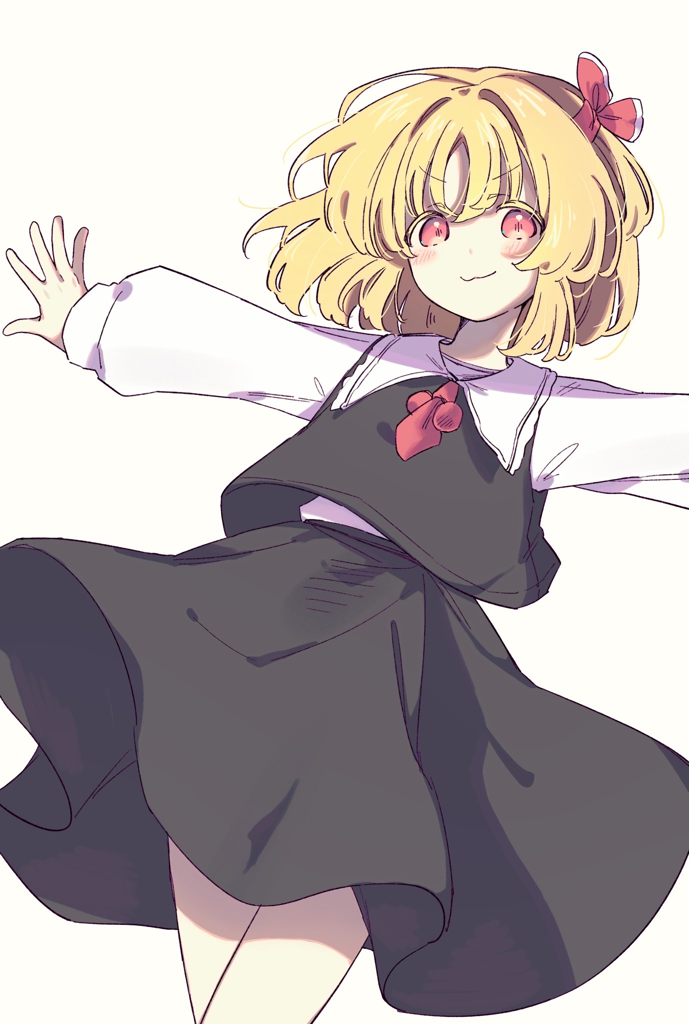 rumia, touhou, highres, 1girl, :3, ascot, black skirt, black vest, blonde hair, hair ribbon, okura 0915, outstretched arms, red ascot, red eyes, red ribbon, ribbon, short hair, simple background, skirt, skirt set, sleeves past wrists, solo, spread arms, vest, white background