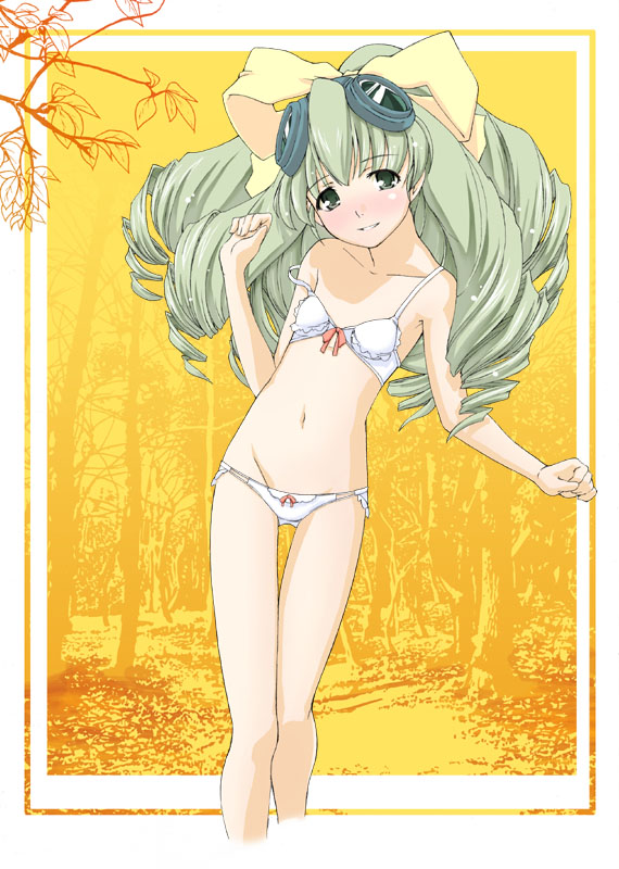 maria balthasar, xenogears, silver hair, 1girl, blush, bow, bow panties, bra, drill hair, female focus, goggles, grey eyes, lingerie, loli, lowleg, lowleg panties, navel, panties, solo, standing, strap slip, swimsuit, thigh gap, thighs, underwear, underwear only, white panties, yellow bow