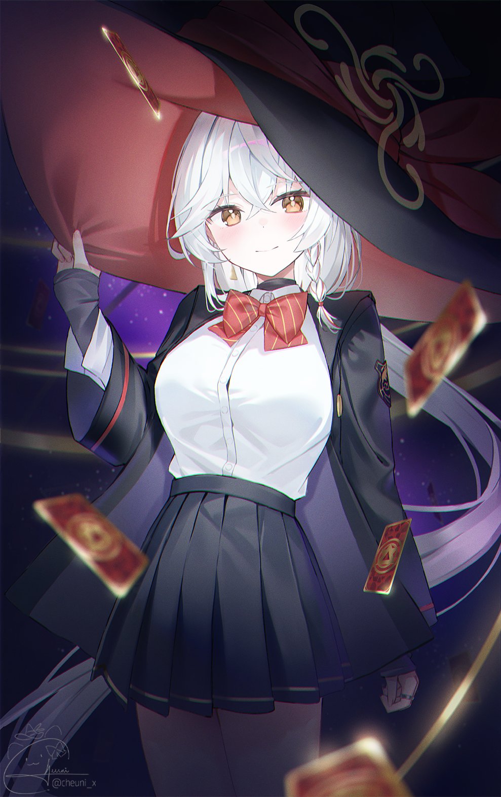eri (blue archive), blue archive, highres, 1girl, black choker, black jacket, black skirt, blurry, blurry foreground, blush, bow, braid, breasts, brown eyes, card, cheuni, choker, closed mouth, collared shirt, depth of field, dress shirt, hair between eyes, hand on headwear, hand up, hat, hat bow, jacket, long hair, long sleeves, looking at viewer, medium breasts, open clothes, open jacket, pleated skirt, red bow, school uniform, shirt, signature, skirt, sleeves past wrists, smile, solo, very long hair, white hair, white shirt, wide sleeves, witch hat