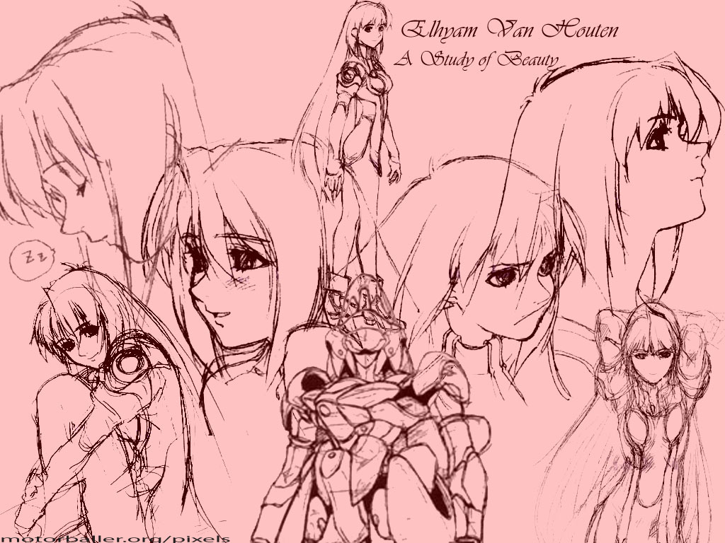 tanaka kunihiko, elhaym van houten, xenogears, official art, 1990s (style), 1girl, character name, monochrome, pink theme, reference sheet, retro artstyle, sketch