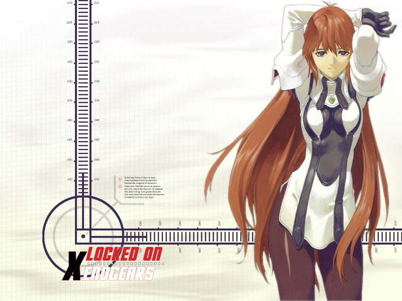 tanaka kunihiko, elhaym van houten, xenogears, official art, 1990s (style), 1girl, arms up, blue eyes, brown hair, copyright name, female focus, gloves, jacket, long hair, pantyhose, retro artstyle, smile, solo, very long hair