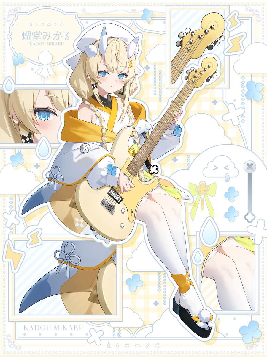 amagasa yun, kadou mikaru, nijisanji, highres, official art, 1girl, ankleband, bare shoulders, blonde hair, blue eyes, blue horns, blue tail, blush, bow, braid, character name, flower knot, footwear bow, full body, gradient pantyhose, guitar, hair ornament, hair over shoulder, hat, headset, holding, holding guitar, holding instrument, horns, instrument, invisible chair, jacket, japanese clothes, kimono, lightning bolt, lightning bolt hair ornament, lightning bolt symbol, looking at viewer, low twin braids, multicolored horns, off shoulder, okobo, outline, pantyhose, platform sandals, pom pom (clothes), pom pom footwear, pom pom hair ornament, puffy sleeves, sandals, screw, sidelocks, sitting, solo, twin braids, two-tone horns, two-tone tail, virtual youtuber, white hat, white horns, white jacket, white kimono, white outline, white pantyhose, white tail, x hair ornament, yellow bow, yellow trim, zoom layer