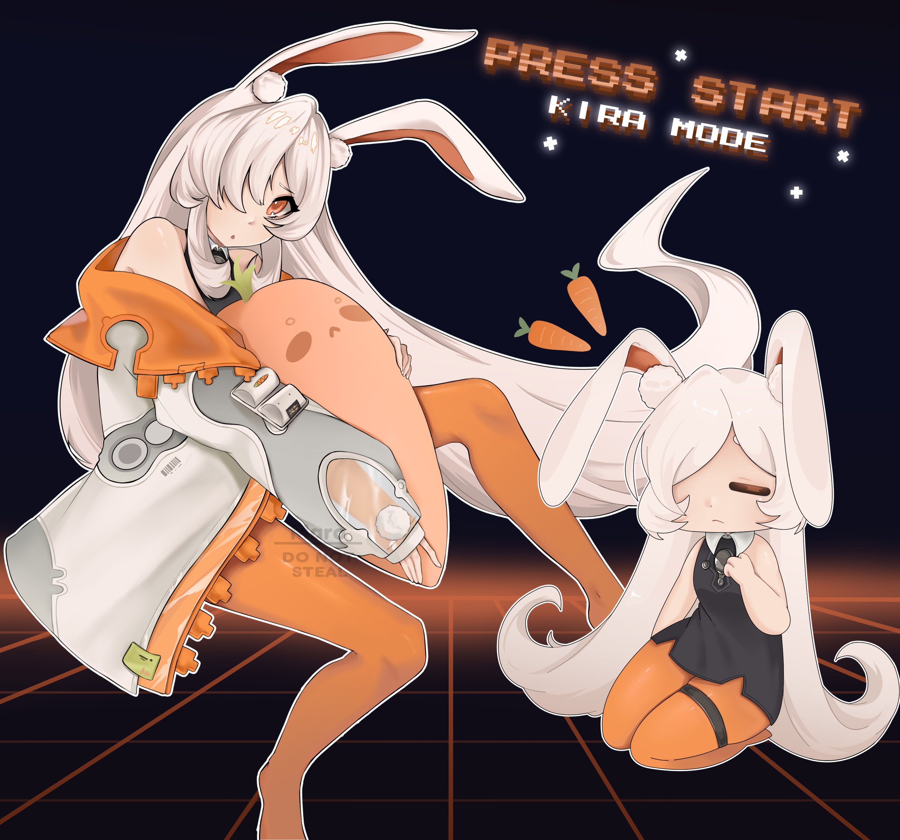 kira (trigger of fate the novita), fate trigger: the novita, absurdres, highres, 1girl, animal ears, bare shoulders, grey hair, hair ornament, hair over one eye, hairpin, hand up, hands up, holding, long hair, looking at viewer, open mouth, orange eyes, rabbit ears, red eyes, simple background, sitting, stuffed toy, white hair