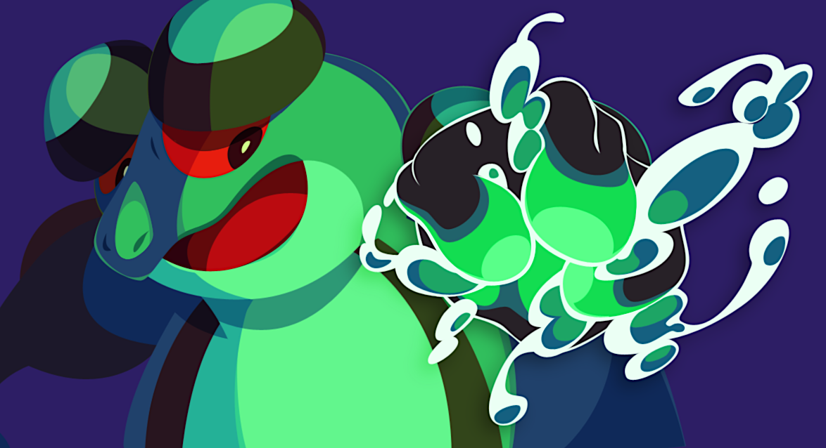 hisashi999, seismitoad, nintendo, pokemon, blue background, colored sclera, gen 5 pokemon, glowing, hydrokinesis, looking at viewer, no humans, nostrils, open mouth, pokemon (creature), red sclera, simple background, solo, water