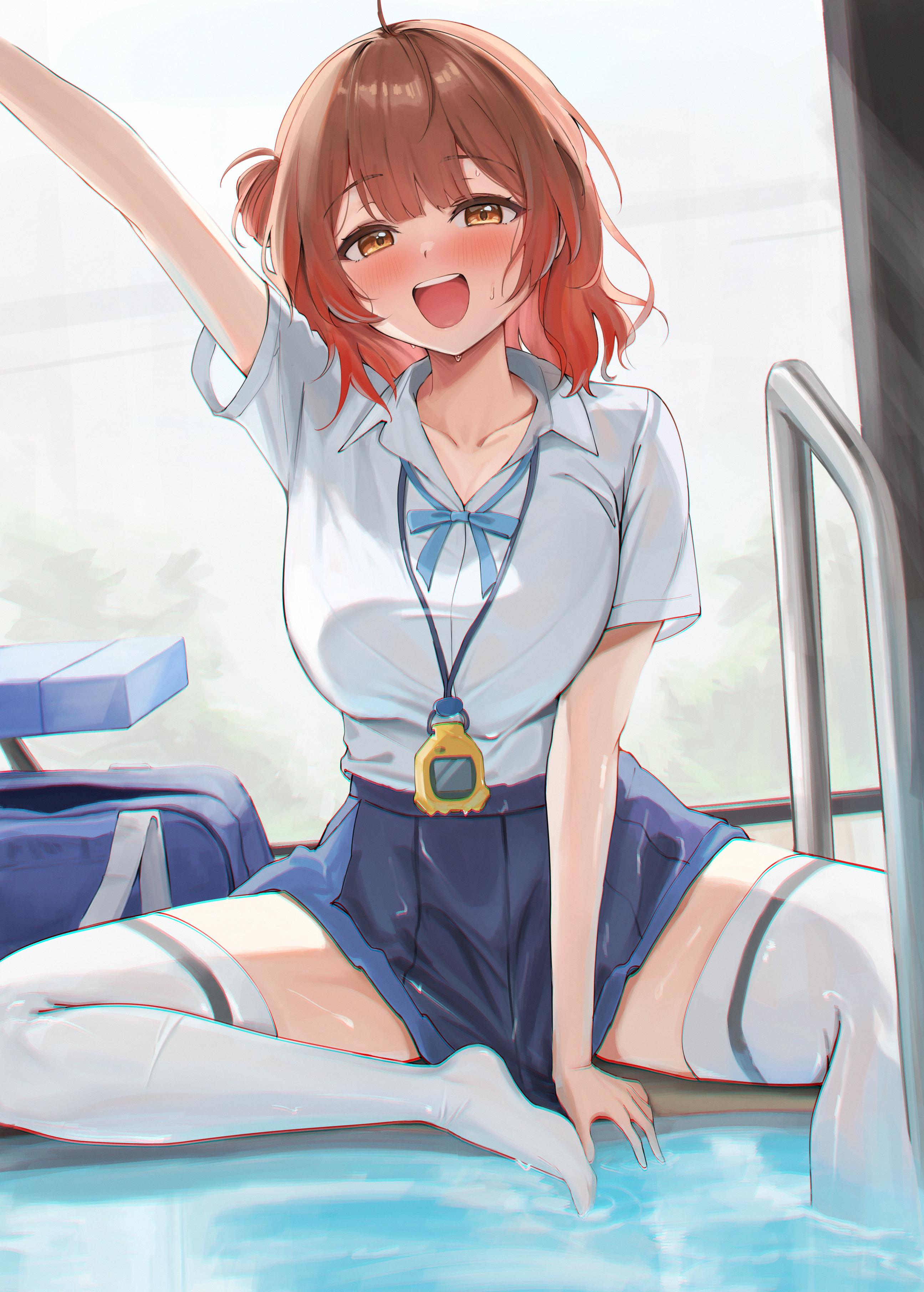 hanami ume, gakuen idolmaster, idolmaster, absurdres, commentary, highres, 1girl, ahoge, bag, bench, blue ribbon, blue skirt, blush, breasts, collarbone, collared shirt, dress shirt, hair bun, indoors, large breasts, looking at viewer, open mouth, orange eyes, orange hair, partially submerged, pleated skirt, pool, pool ladder, ribbon, school bag, school uniform, shirt, short hair, short sleeves, shoumeikigu, single side bun, sitting, skirt, solo, stopwatch, stopwatch around neck, sweatdrop, swept bangs, thighhighs, thighs, watch, water, wet, wet clothes, white shirt, white thighhighs, zettai ryouiki