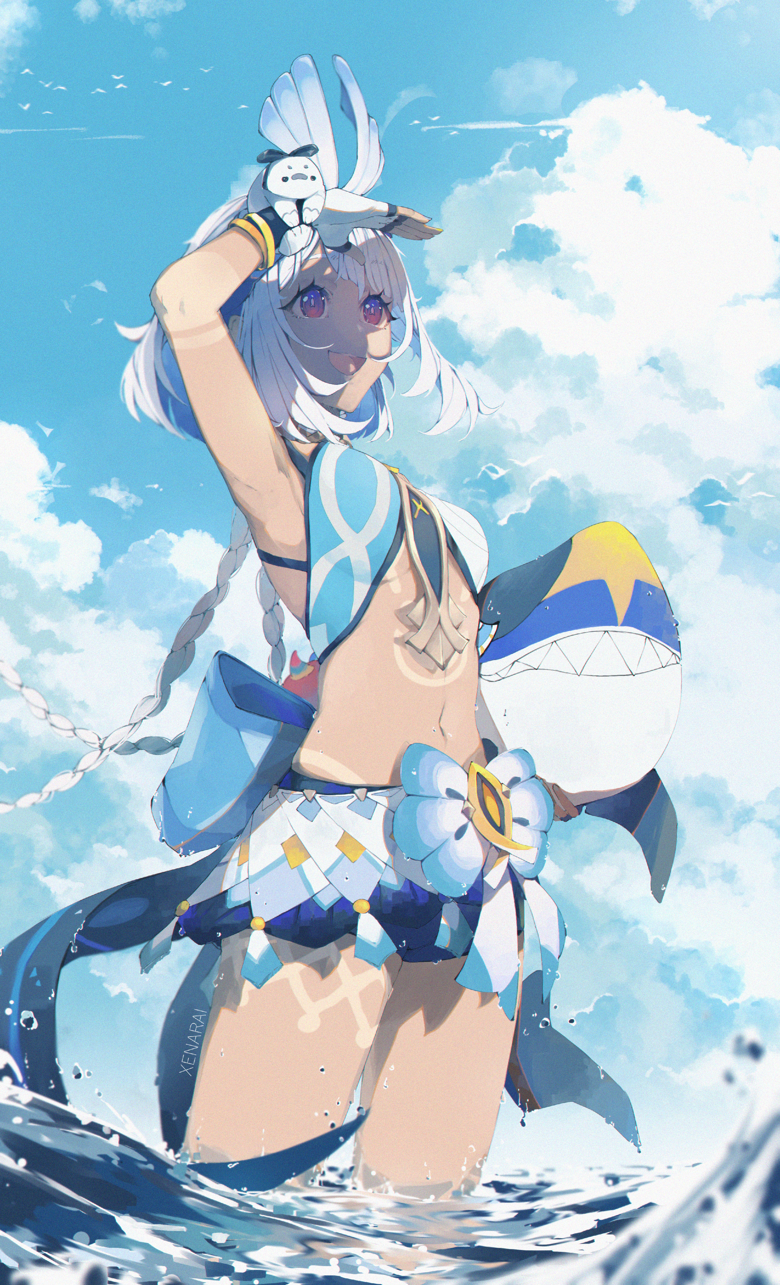 xena rai, mualani (genshin impact), genshin impact, absurdres, highres, 1girl, bird, blue sky, cloud, shaded face, shark, short hair, simple bird, sky, solo, swimsuit, tan, wading, water, white bird, white hair