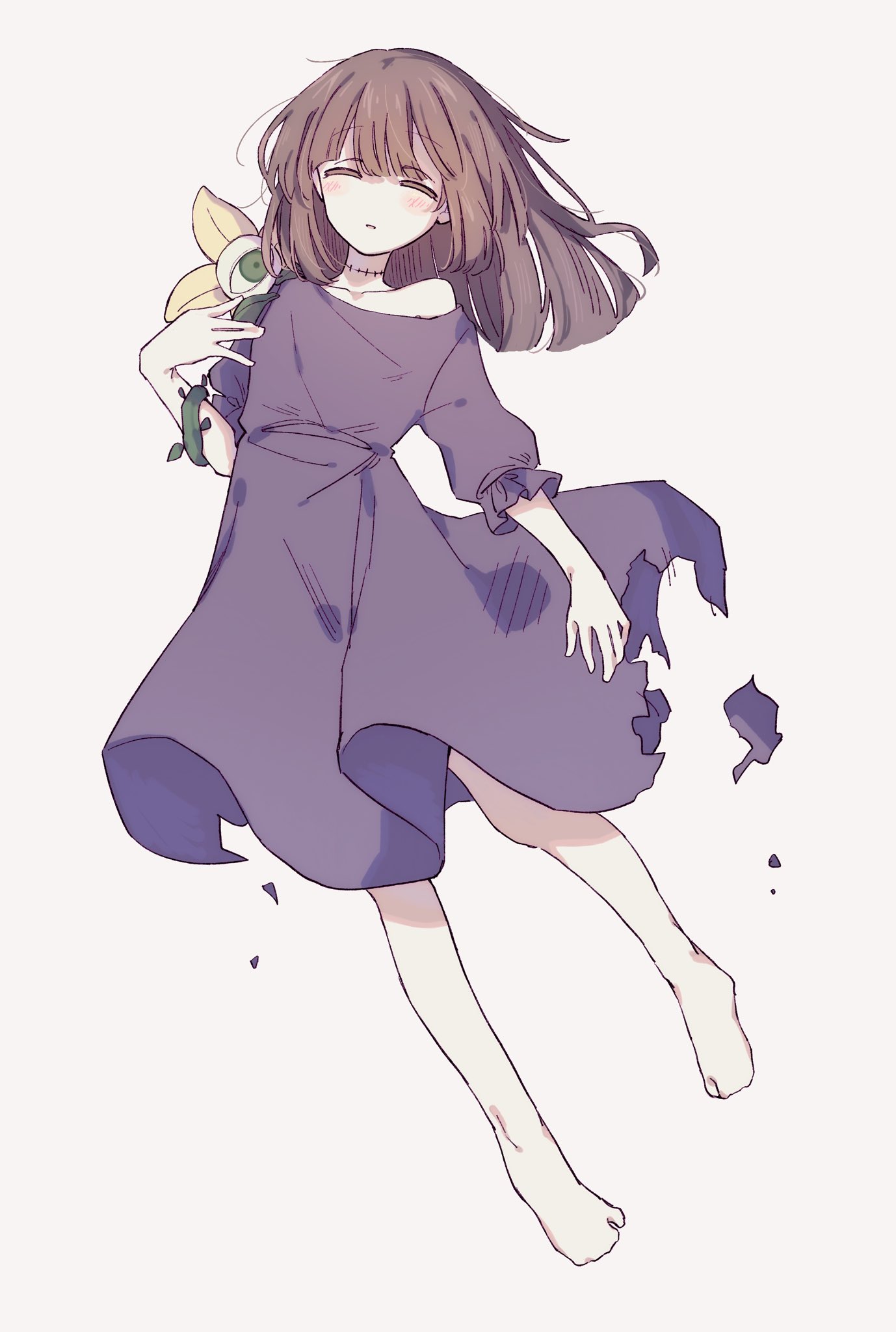 horrortale, highres, 1girl, aliza (horrortale), barefoot, brown hair, closed eyes, dress, flower, holding, holding flower, okura 0915, parted lips, purple dress, simple background, solo, stitched neck, stitches, torn clothes, torn dress, white background