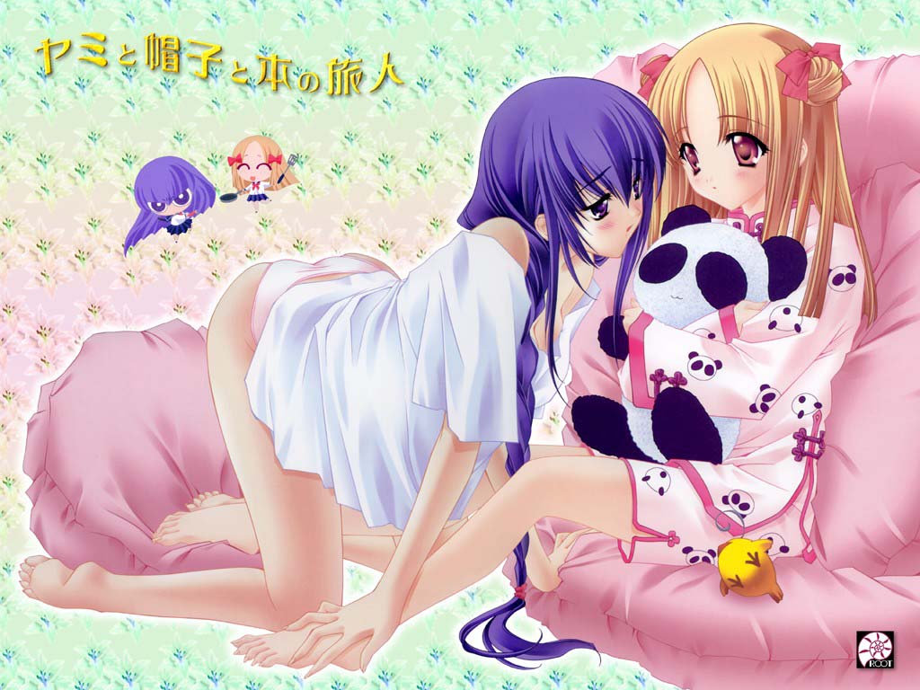 carnelian, azuma hatsumi, azuma hazuki, yami to boushi to hon no tabibito, wallpaper, 2girls, all fours, alternate hairstyle, ankle grab, barefoot, blonde hair, blush, braid, chibi inset, copyright name, double bun, eye contact, feet, frying pan, hair ribbon, holding, long hair, looking at another, multiple girls, off shoulder, pajamas, panda, panties, pillow, pink panties, purple eyes, purple hair, ready to draw, red eyes, ribbon, school uniform, serafuku, single braid, sitting, stuffed animal, stuffed toy, underwear, very long hair, yuri