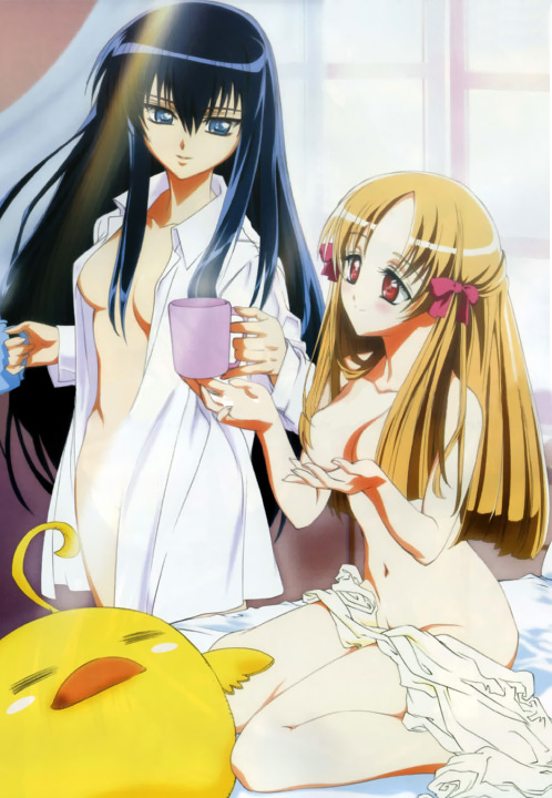 carnelian, nishida asako, azuma hatsumi, azuma hazuki, ken-chan, yami to boushi to hon no tabibito, light, artbook, official art, scan, 00s, 2girls, bed, black hair, blonde hair, blue eyes, blue hair, blush, brown eyes, censored, collarbone, convenient censoring, cup, hair censor, hair ornament, hair ribbon, indoors, long hair, looking at another, multiple girls, naked shirt, nude, open clothes, open shirt, red eyes, ribbon, shirt, smile, very long hair, window, yuri