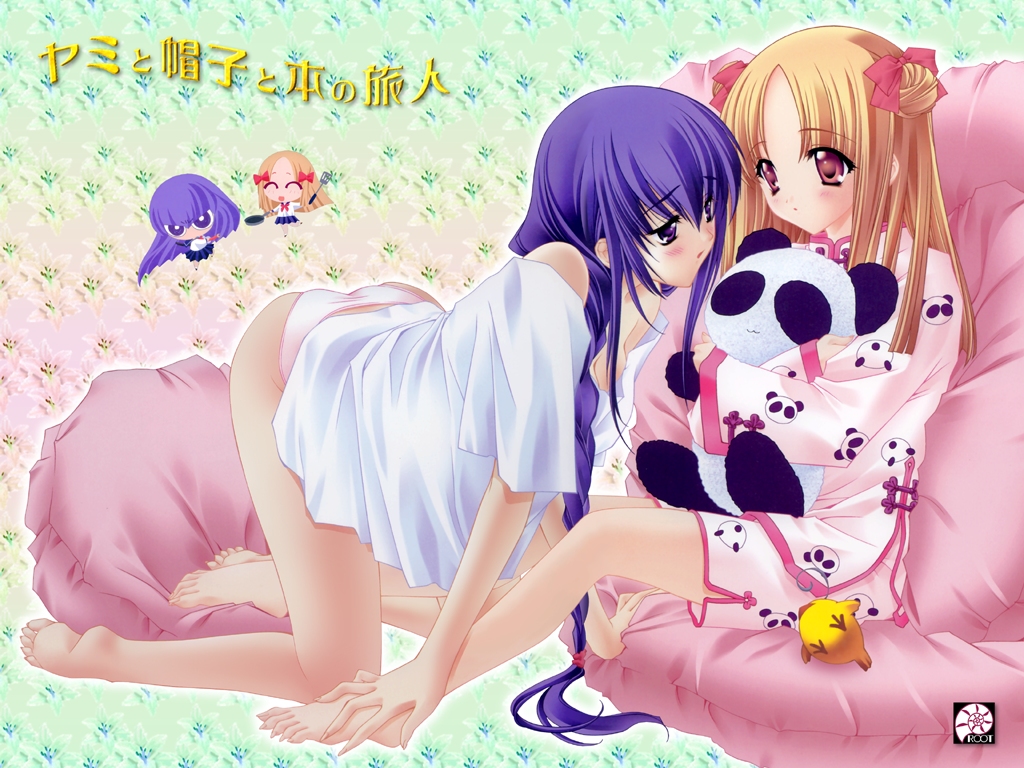 carnelian, azuma hatsumi, azuma hazuki, yami to boushi to hon no tabibito, 00s, 2girls, all fours, alternate hairstyle, animal print, ankle grab, barefoot, bear print, blonde hair, blush, braid, chibi, chibi inset, copyright name, double bun, eye contact, feet, fighting stance, frying pan, hair bun, hair ribbon, hands on feet, holding, holding another's foot, long hair, looking at another, multiple girls, off shoulder, pajamas, panda, panties, pillow, pink panties, purple eyes, purple hair, ready to draw, red eyes, ribbon, school uniform, serafuku, single braid, sitting, stuffed animal, stuffed panda, stuffed toy, toes, underwear, very long hair, yuri