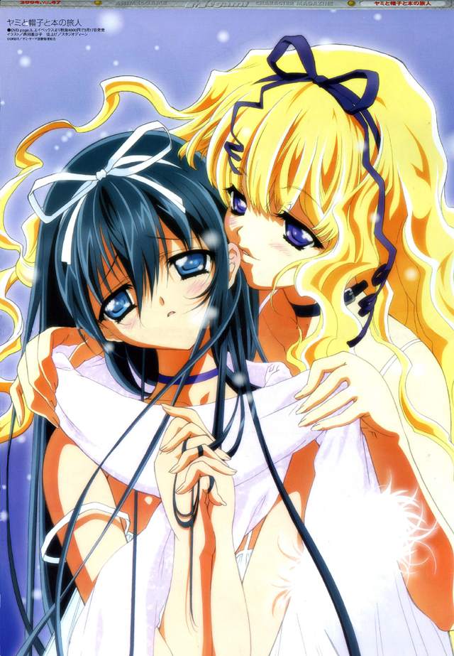 nishida asako, azuma hazuki, lilith (yamibou), yami to boushi to hon no tabibito, artbook, scan, 00s, 2girls, black hair, blonde hair, blue eyes, blue hair, blush, camisole, choker, collar, dress, dressing, hair ribbon, head tilt, lips, long hair, looking at viewer, multiple girls, own hands clasped, own hands together, purple eyes, ribbon, scarf, strap slip, very long hair, wavy hair, whispering, yuri