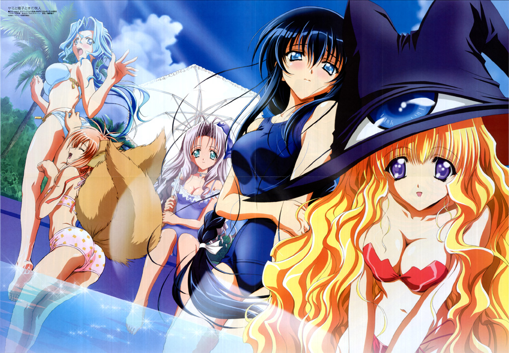 ishihara megumi, nishida asako, azuma hazuki, lilith (yamibou), mariel (yamibou), meirin (yamibou), seiren (yamibou), yami to boushi to hon no tabibito, official art, 00s, 5girls, animal ears, barefoot, bikini, blonde hair, blue eyes, blue hair, breasts, cloud, day, dutch angle, fox ears, green eyes, hat, large breasts, long hair, looking at viewer, multiple girls, one-piece swimsuit, orange hair, outdoors, palm tree, red hair, school swimsuit, sky, swimsuit, tree, very long hair, witch hat