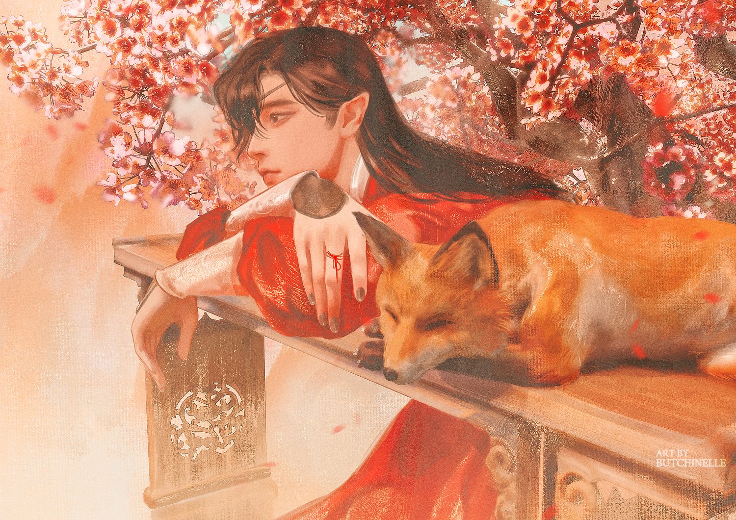 butchinelle, hua cheng, tianguan cifu, 1boy, analogous colors, animal, artist name, black hair, black nails, bracer, cherry blossoms, chinese clothes, closed eyes, crossed arms, eyepatch, fox, grey eyes, hanfu, long hair, long sleeves, male focus, outdoors, petals, pointy ears, profile, red hanfu, red pupils, sleeping animal, solo, string around finger, table, tree, upper body, warm colored, yuanlingpao