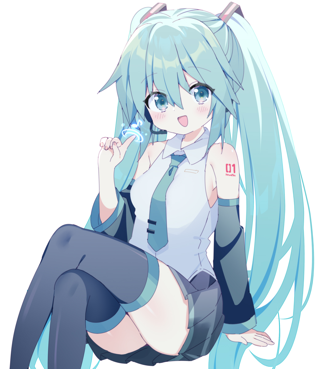 d omm, hatsune miku, vocaloid, highres, 1girl, aqua eyes, aqua hair, blue eyes, blue hair, detached sleeves, hair ornament, long hair, looking at viewer, miku day, necktie, open mouth, shirt, skirt, smile, solo, thighhighs, twintails, very long hair, zettai ryouiki