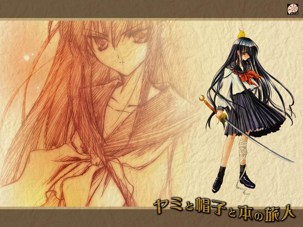 carnelian, azuma hazuki, yami to boushi to hon no tabibito, beige background, official art, official wallpaper, >:(, 00s, 1girl, bandages, bird, black socks, blue skirt, chicken, copyright name, crescent, female focus, floating hair, frills, frown, full body, grey eyes, hair between eyes, holding, holding sword, holding weapon, katana, kneehighs, letterboxed, long hair, looking at viewer, monochrome, on head, red ribbon, ribbon, sailor collar, school uniform, serafuku, simple background, sketch, skirt, socks, solo, sword, upper body, v-shaped eyebrows, very long hair, weapon