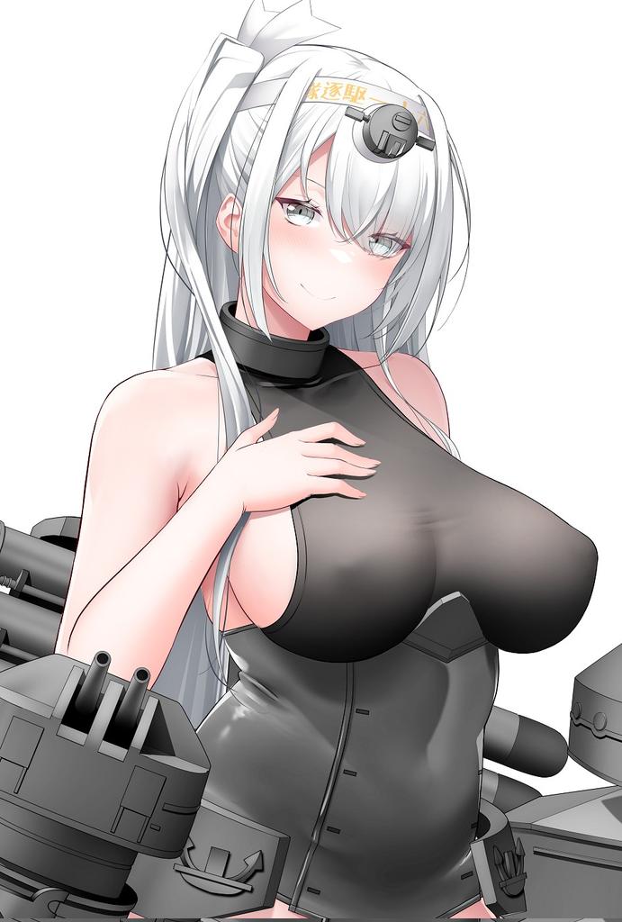 kirigakure (kirigakure tantei jimusho), chou-10cm-hou-chan (fuyutsuki's), fuyutsuki (kancolle), kantai collection, 1girl, black corset, breasts, corset, covered erect nipples, grey eyes, large breasts, long hair, looking at viewer, side ponytail, simple background, smile, solo, undershirt, very long hair, white hair