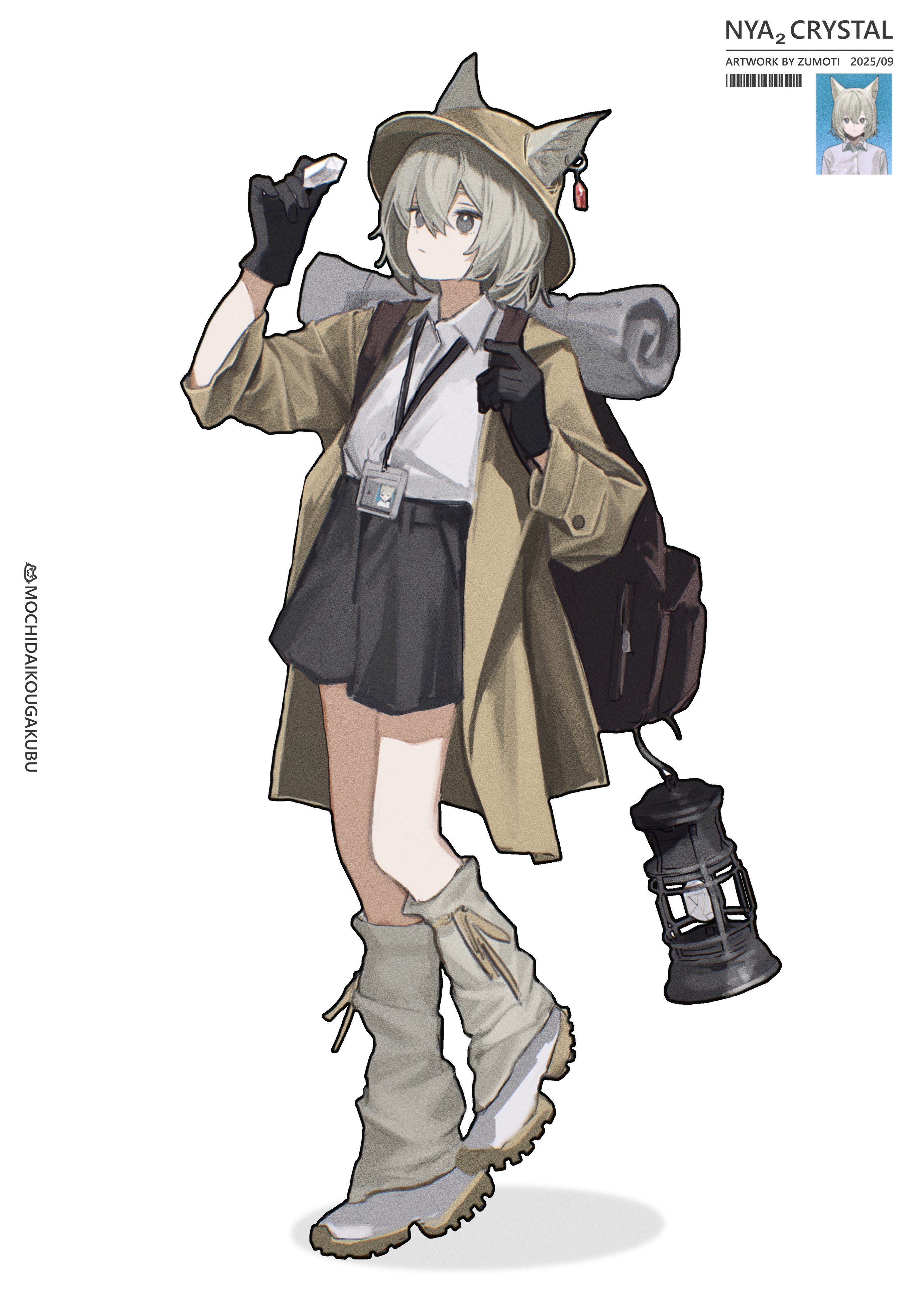 zumochi, original, absurdres, commentary, highres, symbol-only commentary, 1girl, animal ear fluff, animal ears, artist name, backpack, bag, barcode, black gloves, black shorts, brown coat, brown hat, brown leg warmers, closed mouth, coat, collared shirt, dated, ears through headwear, full body, gem, gloves, grey hair, hat, holding, holding gem, id card, lantern, leg warmers, open clothes, open coat, shirt, shoes, shorts, simple background, solo, standing, white background, white shirt, white shoes