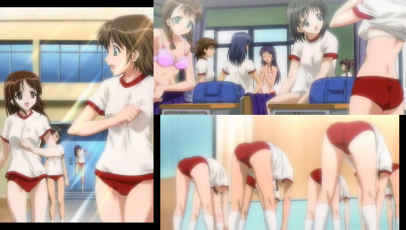 yami to boushi to hon no tabibito, screencap, anime screenshot, highres, 00s, 6+girls, buruma, collage, gym uniform, multiple girls