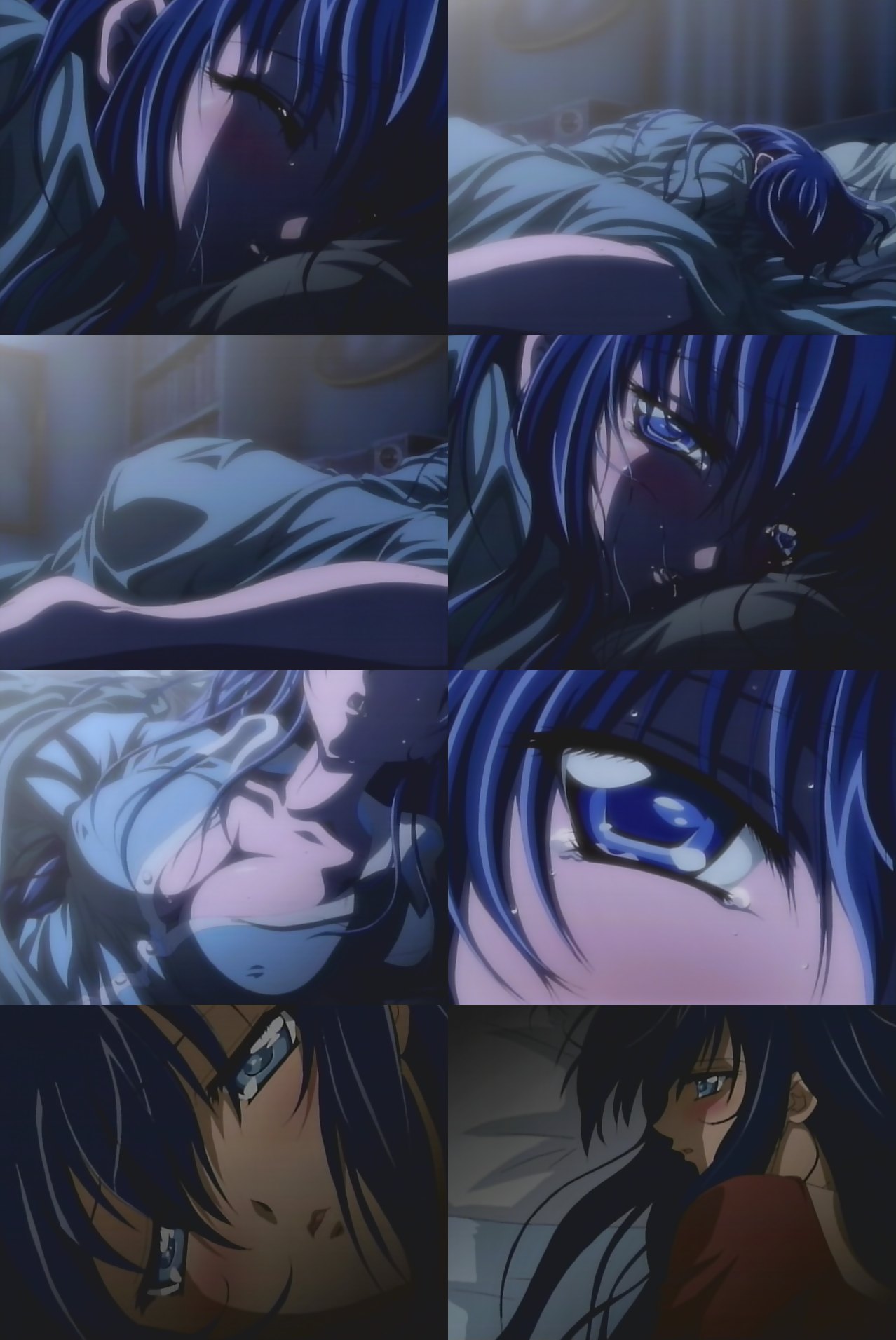 azuma hazuki, yami to boushi to hon no tabibito, screencap, anime screenshot, highres, 00s, 1girl, bed, bed sheet, black hair, blue eyes, blush, breasts, cleavage, collage, covered erect nipples, female masturbation, masturbation, pajamas, solo, tears